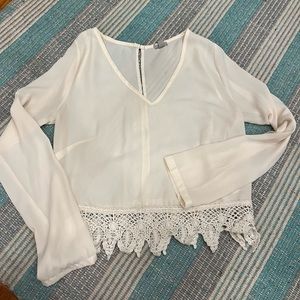 White crop long sleeve blouse with crochet trim